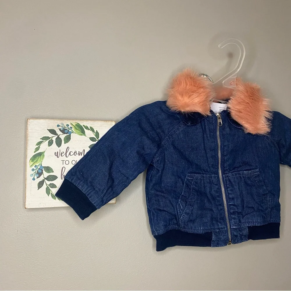 Gymboree Baby Girl Jean Jacket Lined Coat With Removable Pink Fur Collar 6-12M